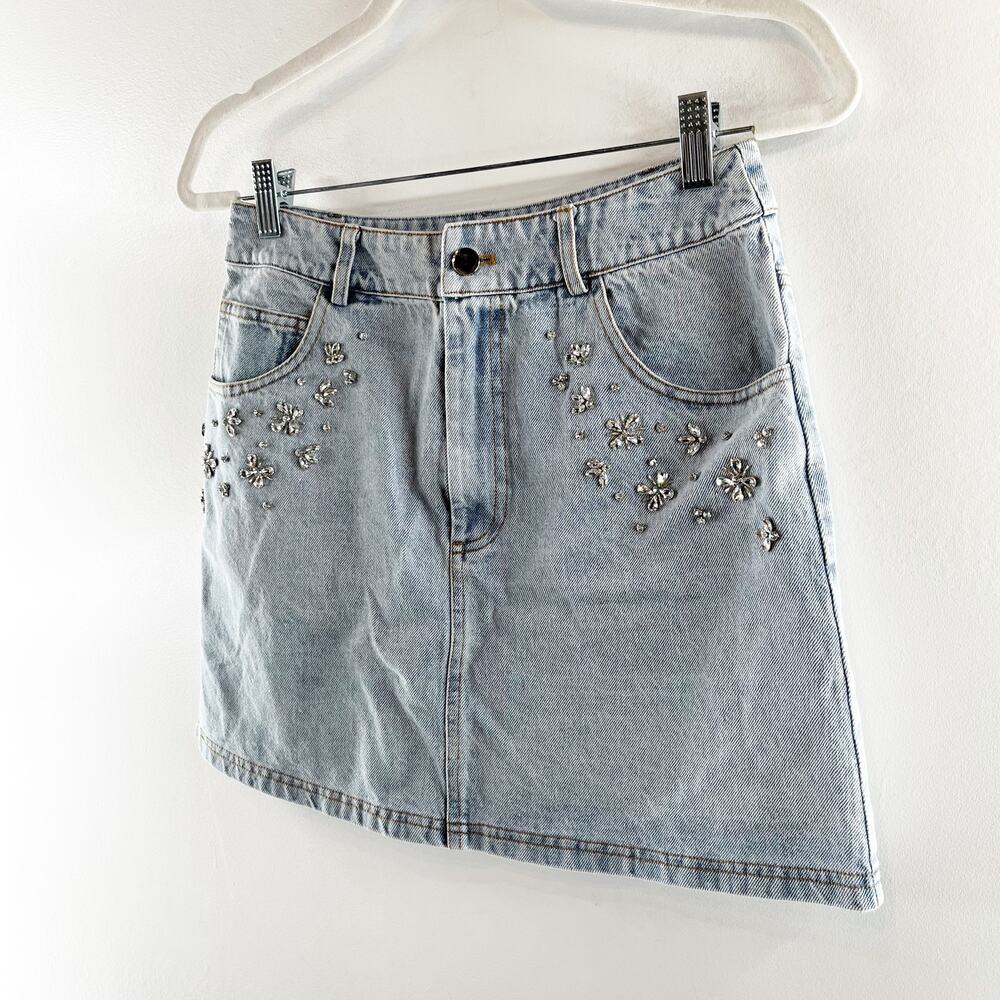 Vici Midnight Muse Rhinestone Studded Denim Mini Skirt Blue Small - Picture 6 of 7